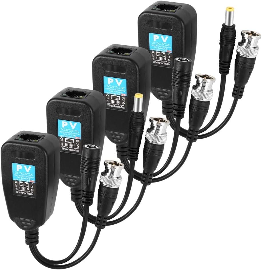 Video Balun, TYUMEN HD-CVI/TVI/AHD UTP Passive Video Balun with DC Power Connector and RJ45 UTP CAT5e/Cat6 Transmitter/Receiver, Including Lighting Protection, 2 Pairs