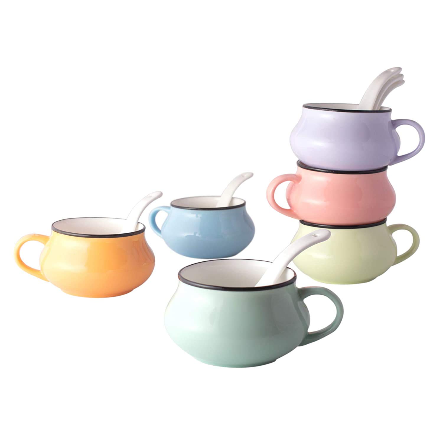 E-EZRA Set of 2 Soup Bowl with Spoon Set (2+2) Multicolor Soup Cup Bone China (Assorted Colour) 2