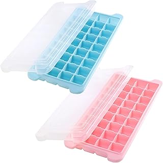 Silicone Ice Cube Tray 2 Pack,36 Cubes per Tray,Easy Release Square Ice Cube Maker with Removable Lid BPA Free for Cocktail,Whiskey (Blue pink)
