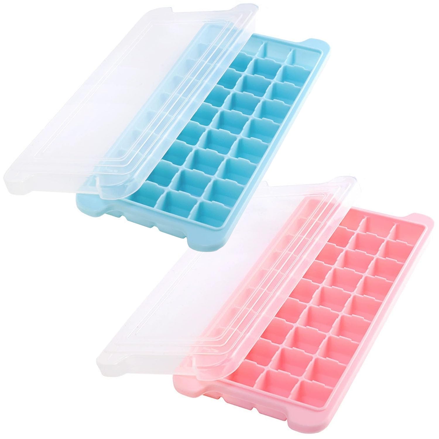 Silikon-Eiswürfelform, 2 Stück, 36 Würfel pro Schale, leicht zu lösen, quadratischer Eiswürfelbereiter mit abnehmbarem Deckel, BPA-frei, für Cocktail, Whiskey (Blau/Rosa)