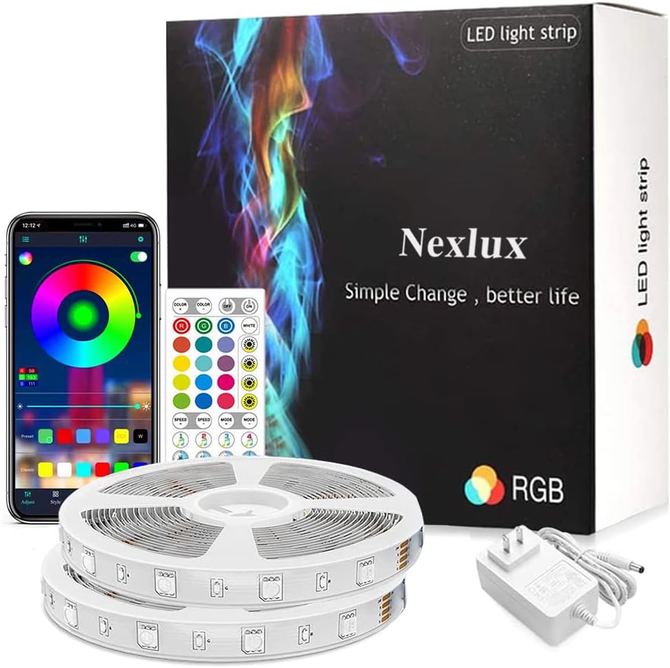 Nexlux 100ft Led Strip Lights, Hassle-Free App Quickly Install Music Sync Color Changing Two Pack 50ft Long LED Lights Non-Waterproof Led Lights Rope Lights