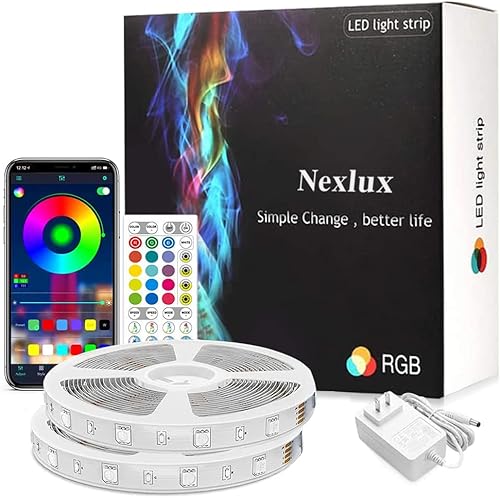 Nexlux Tira de luces LED de 100 pies, aplicación sin complicaciones, instala rápidamente sincronización de música, cambio de color, paquete de dos