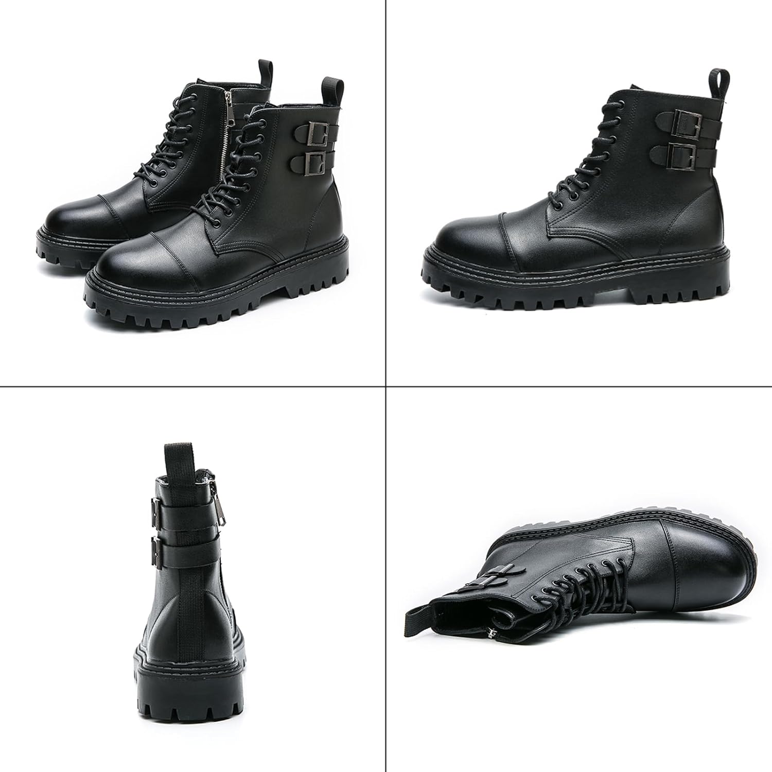 Men's Leather Platform Motorcycle Boots with Side Zipper Fashion Chunky Lug Sole Lace Up Combat Boots Casual Waterproof Biker Boots