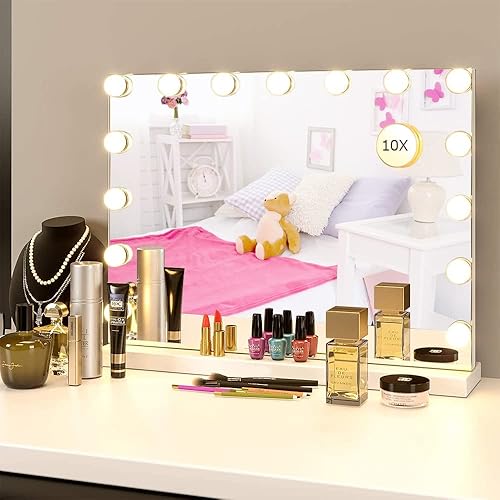 Espejo de maquillaje con luces, aumento de 10X, espejo de tocador grande iluminado Hollywood con 15 bombillas LED regulables, 3 modos de color,