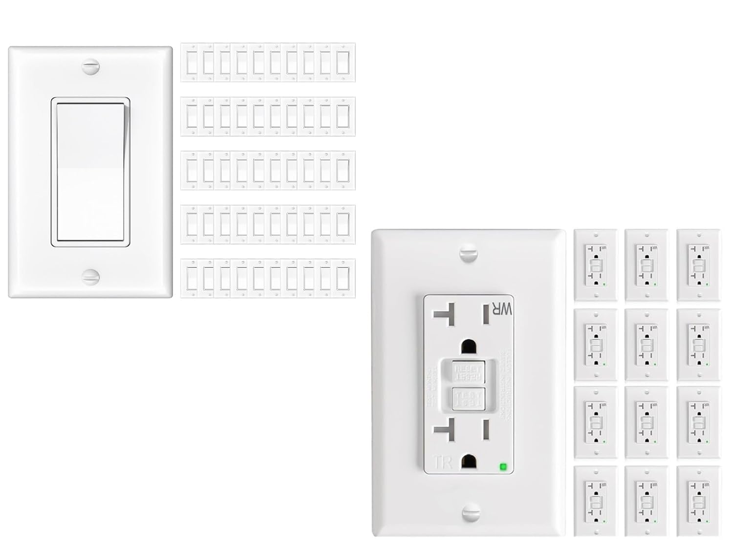 Amico 50 Pack 15A Single Pole Decorator Light Switch & Amico 12 Pack 20 Amp GFCI Outlet with Thinner Design, Weather Resistant (WR)