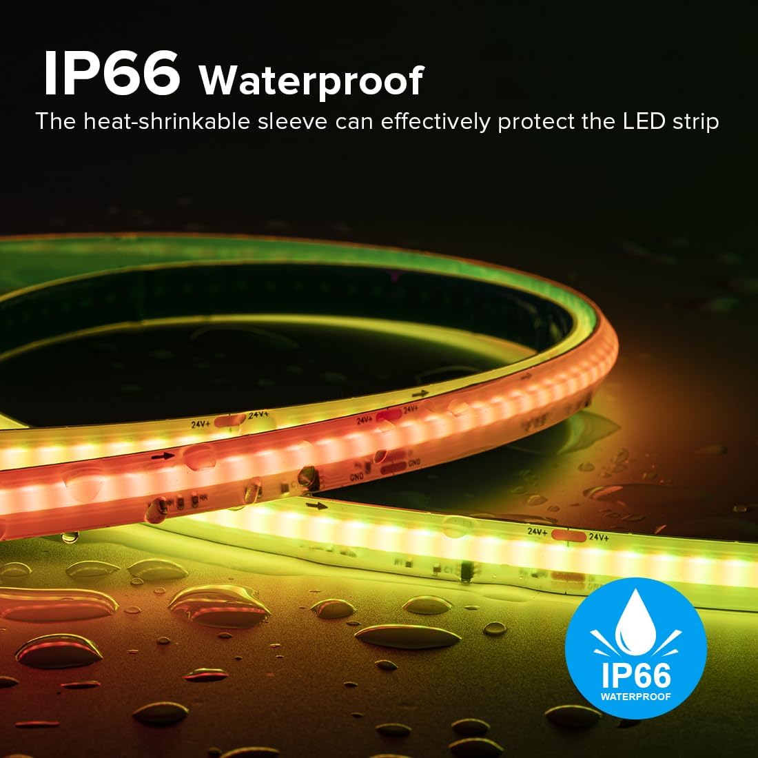 Close-up of the IP66 waterproof LED strip with water droplets