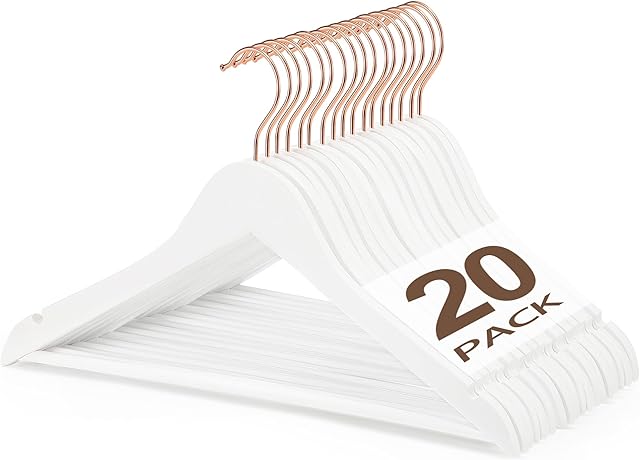 HOUSE DAY Wooden Hangers , 20PCS White Wooden Coat Hangers for Clothes Adult, Clothes Hangers , Suit Hangers with Bridge and Notches, 360° Rotating Hook in Rose Gold