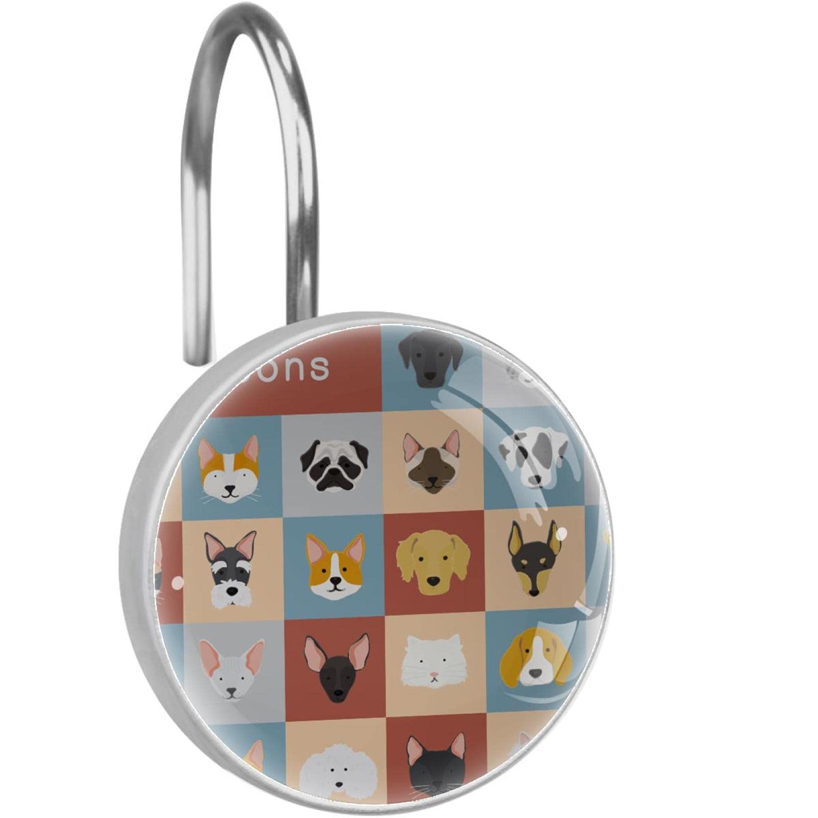 Crochets pour rideau de douche en acier inoxydable avec motifs chien et chat - Lot de 12