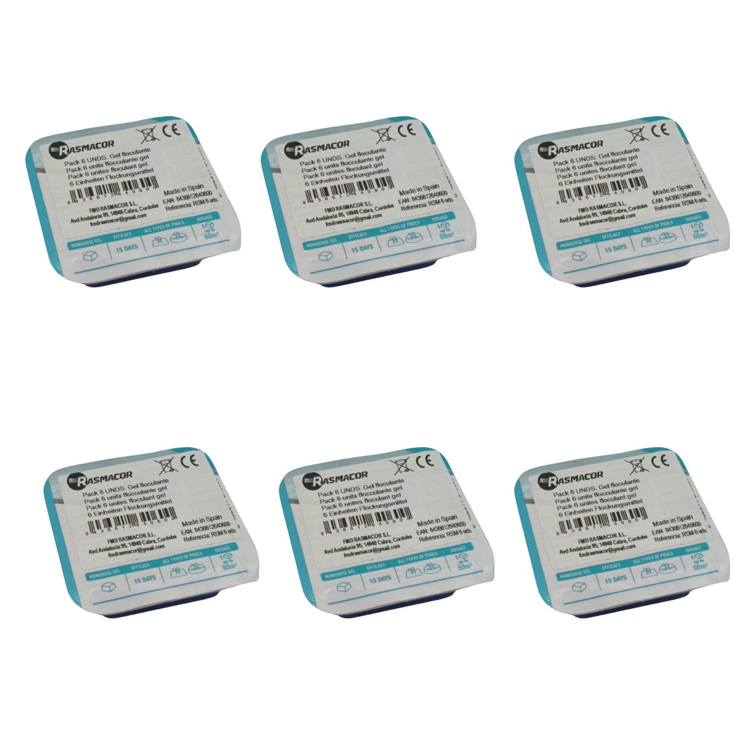 RASMACOR Pack de 6 Unités de Floculant en Gel Monodose | Gel pour Piscine | Nettoyant et clarificateur d'eau pour piscines | Transparence Totale de l'eau |