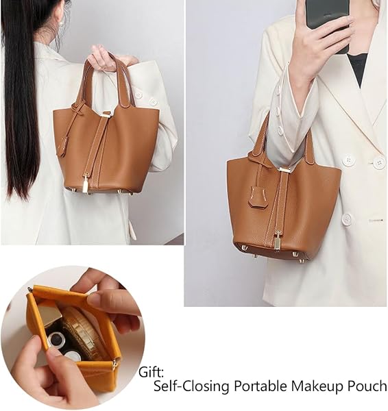 Genuine Leather Lock Design Bucket Bag Vegetable Basket, Fashionable and Versatile Satchel Handbag - 2