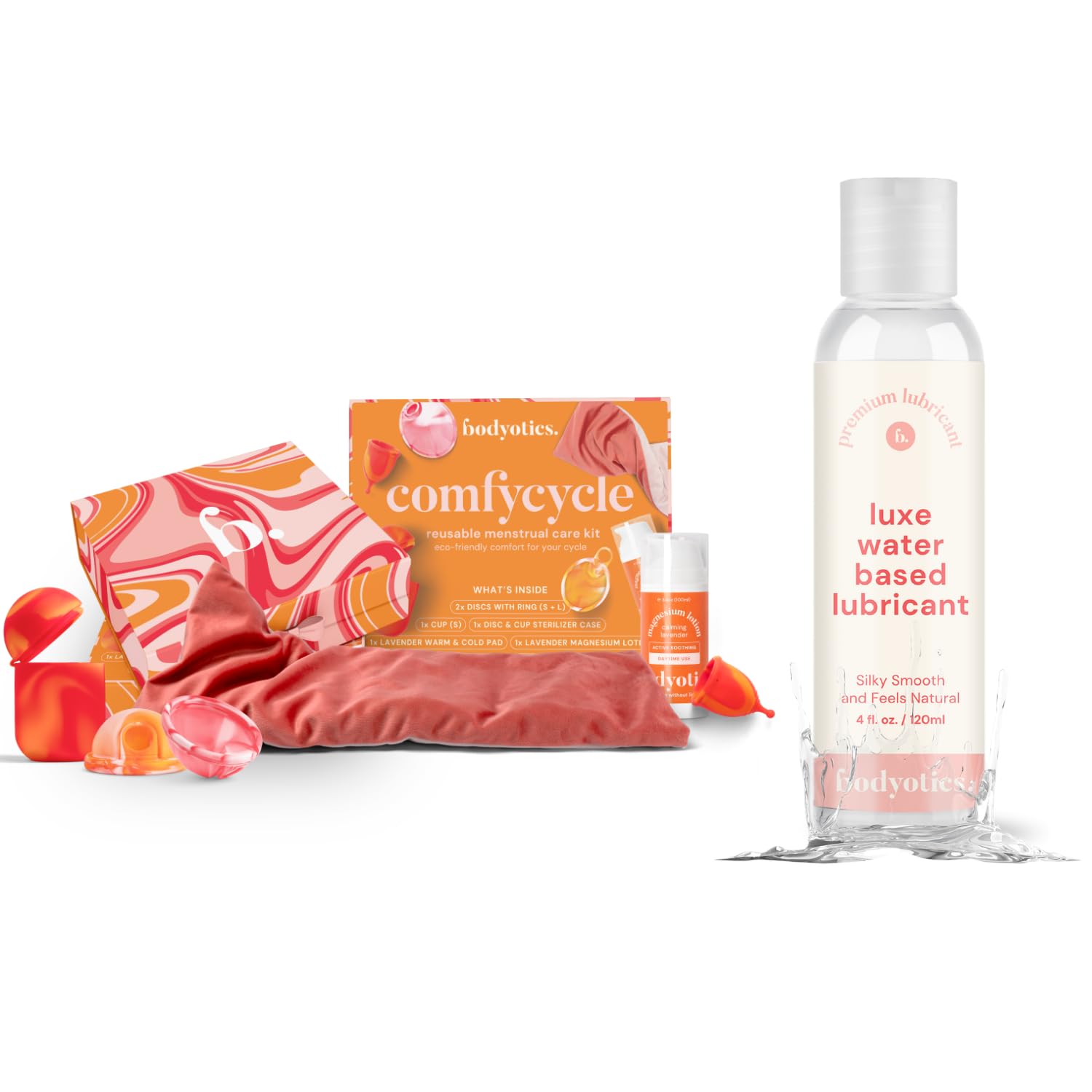 Comfycycle Reusable Period Kit and Water-Based Lube Bundle (4 Fl Oz) - Menstrual Discs, Cup, Sterilizer, Heat or Cool Pad, Magnesium Cream, Complete Care Guide