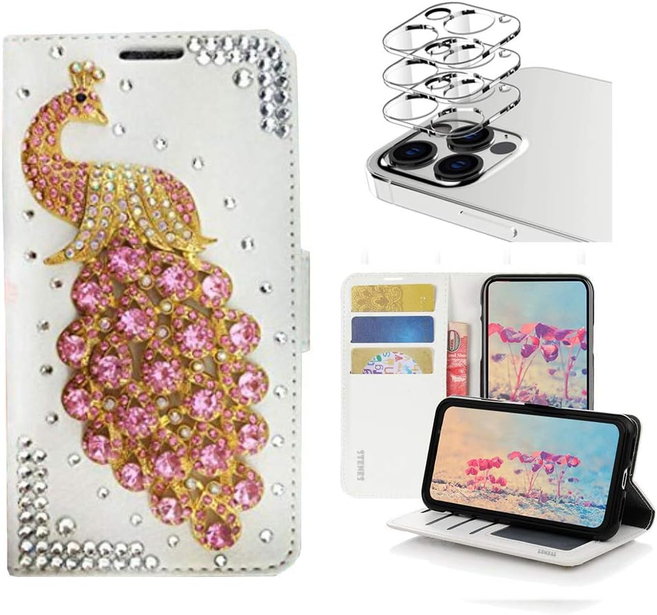 STENES Bling Wallet Phone Case Compatible with iPhone 12 Pro Max Case - Stylish - 3D Handmade Peacock Design Leather Cover with Camera Lens Protector [3 Pack] - Pink