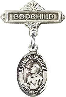Sterling Silver Baby Badge with St. Rene Goupil Charm and Godchild Badge Pin 1 X 5/8 inches
