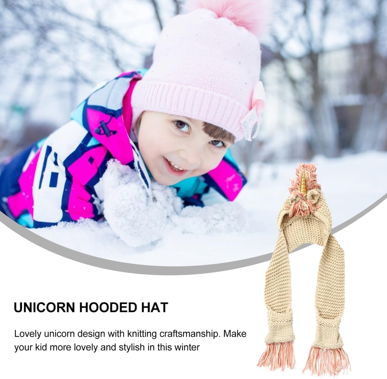 Unicorn Hooded Hat Scarf Knitted Winter Cap for Kids Warm Neck Warmer Creative Crochet Design for Cold Weather Golden