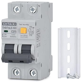 Ground Fault Circuit Breaker, 25 Amp 120V AC DIN Rail Mount Residual Current Circuit Breaker, Thermal-Magnetic Trip, Earth-Leakage Protection 30mA 1PN RCBO C25