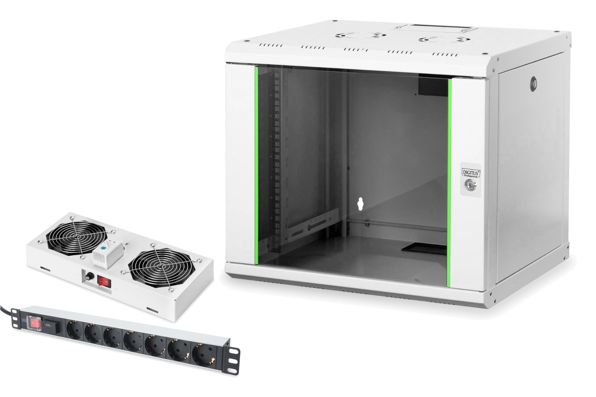 DIGITUS Set: Armoire réseau 19" 9U + Ventilateur de Toit + Bloc multiprise 7 Ports // Rack 19 Pouces - Montage Mural - Profondeur 450mm - Charge 100kg - Profondeur utile 305-370 mm - Gris