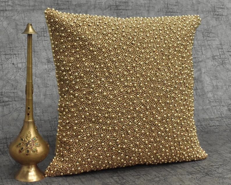 Miniatura 2 de ALL SIZES Gold Beaded Pillow Cover Pearl Handmade Luxury Contemporary Beaded Embroidered Embellished Custom Accent Cushion (14x14)