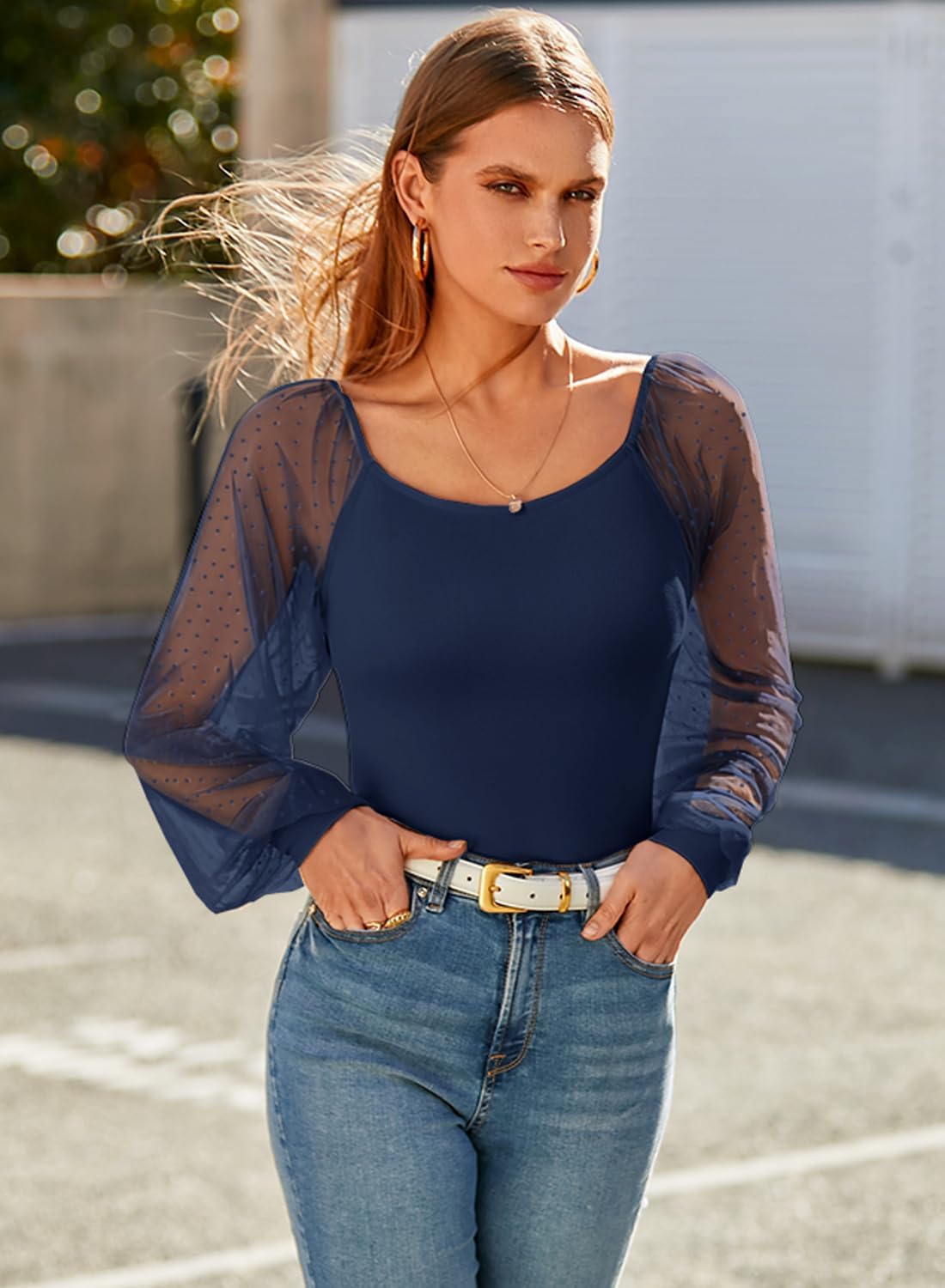 DOROSE Womens Mesh Long Sleeve Shirts Casual Blouses Tops - Image 2