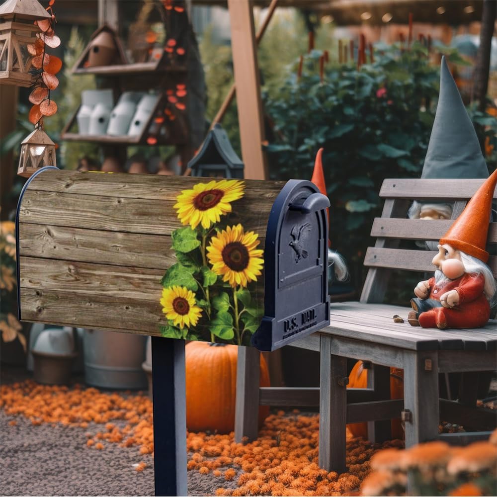 Sunflower & Wooden Plank Magnetic Mailbox Cover, Waterproof Oxford Cloth Summer Mailbox Wrap, Outdoor Garden Yard Home Decor for Standard Size 18" x 21"