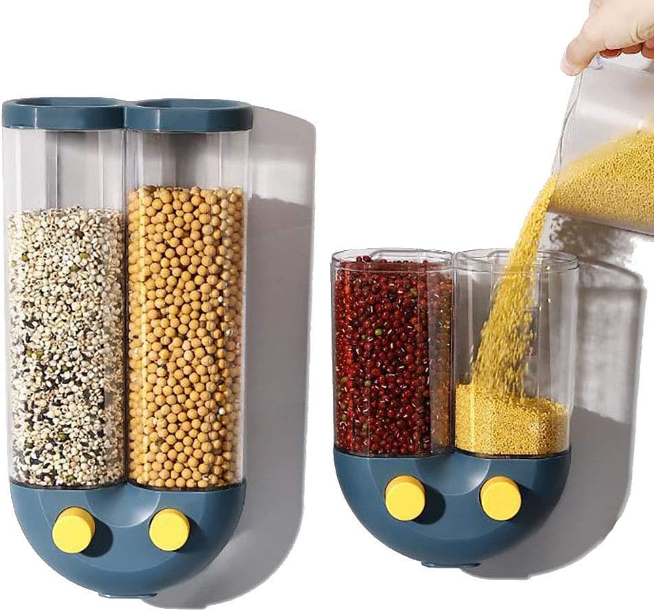 Wall Mounted Food Dispenser, Rice Barrel Rice Storage Box, Dry Food Dispenser, Whole Grains Rice Bucket Rice Storage Tank, Snack Grain Canister Food Storage Organizer For Home and Kitchen (A-Blue)