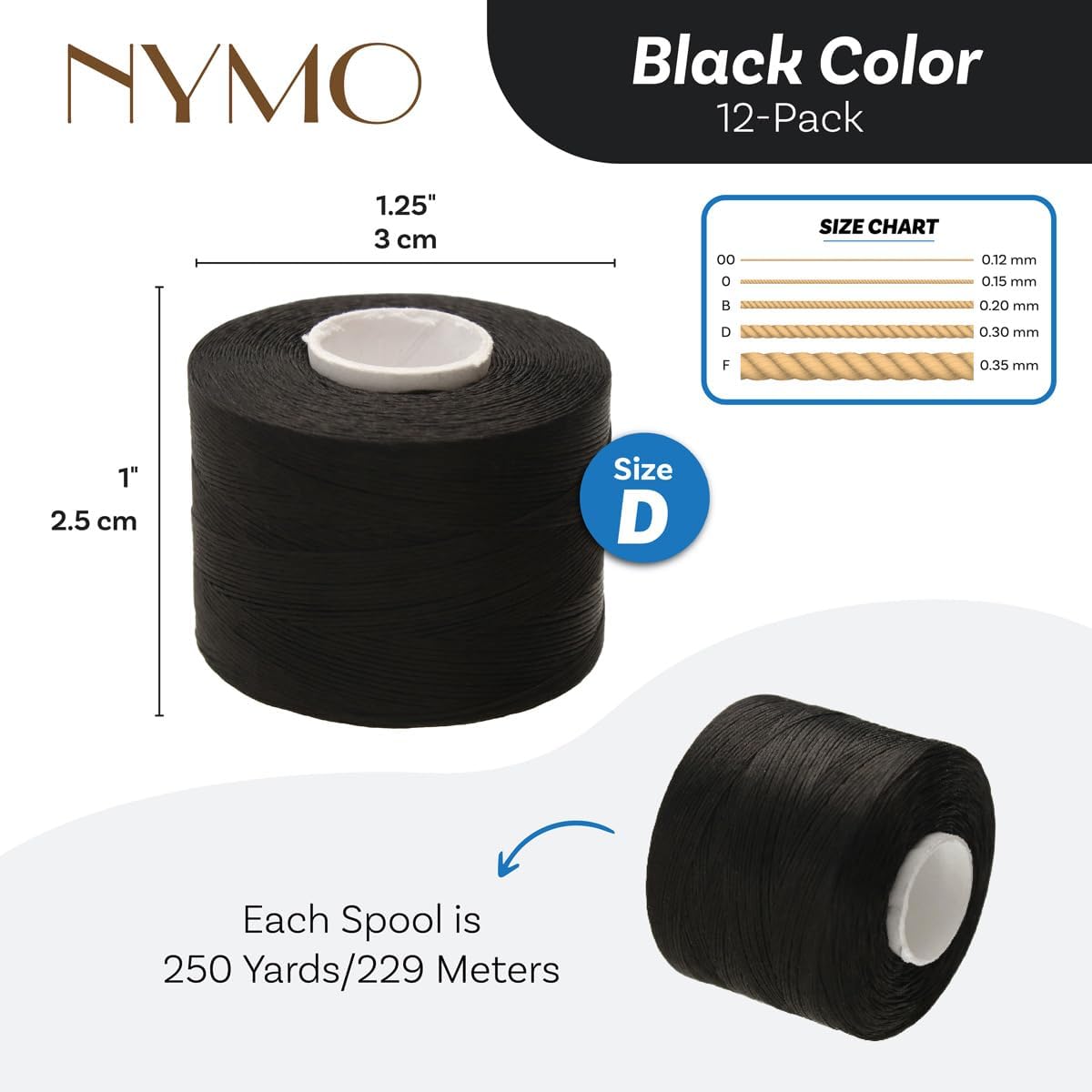 The Beadsmith Nymo Thread – 12-Pack Black Color – Size D, .30mm Diameter, 250 Yard/229 Meter Large Spool – Made of Nylon – Bead Embroidery & Weaving, Off Loom & Loom Work and DIY Craft Projects