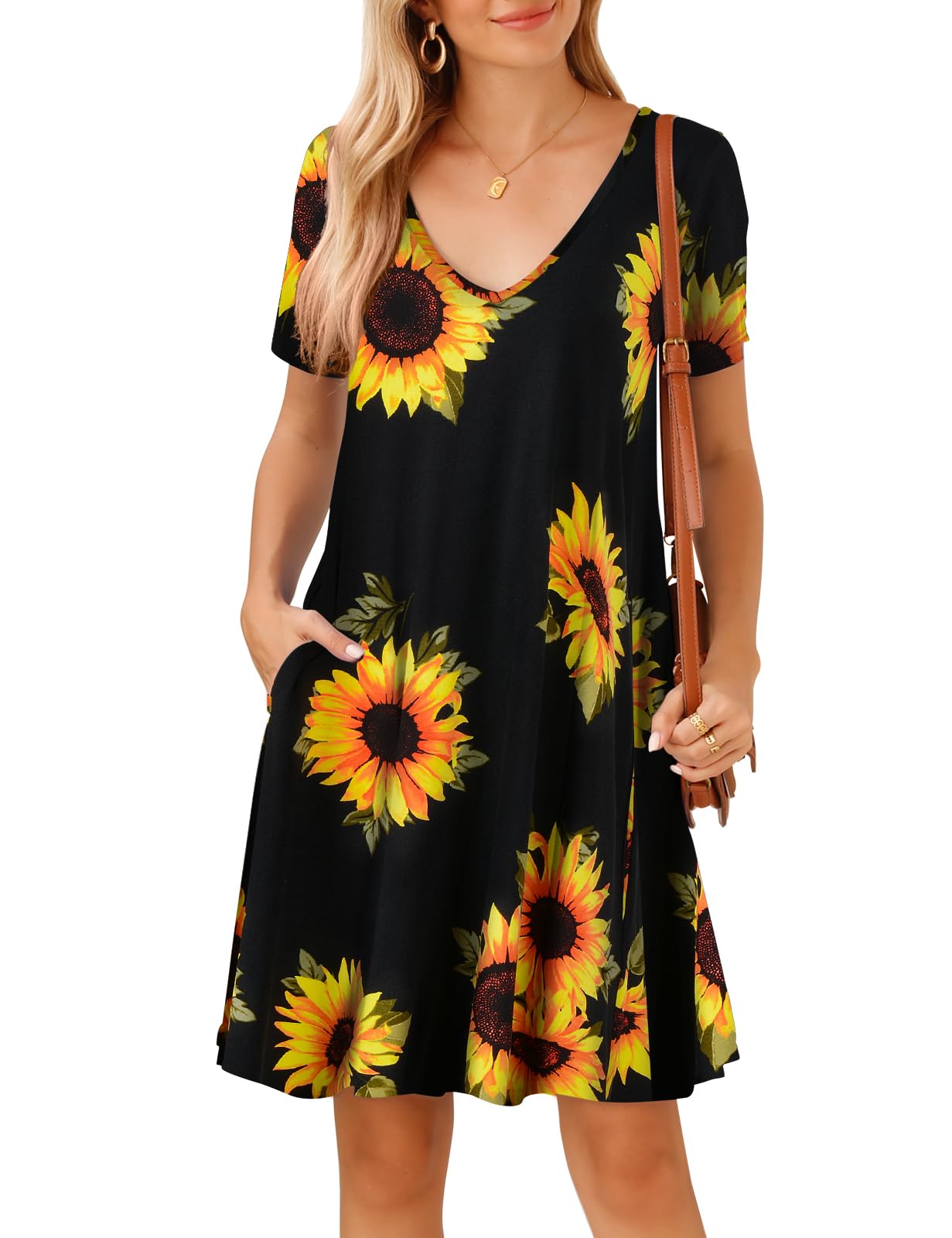JollieLovin Women T Shirt Plus Size Summer Swing Dresses Short Sleeve V Neck Loose Casual Dress(L-5X)