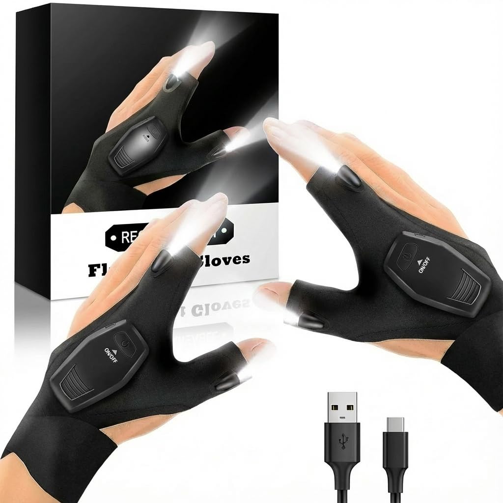 手袋 ライト付き LED付き作業用 充電式ライト付きグローブ 釣りライト手袋 夜釣り キャンプ DIY ランニング 修理 防水軽量設計（均一サイズ）