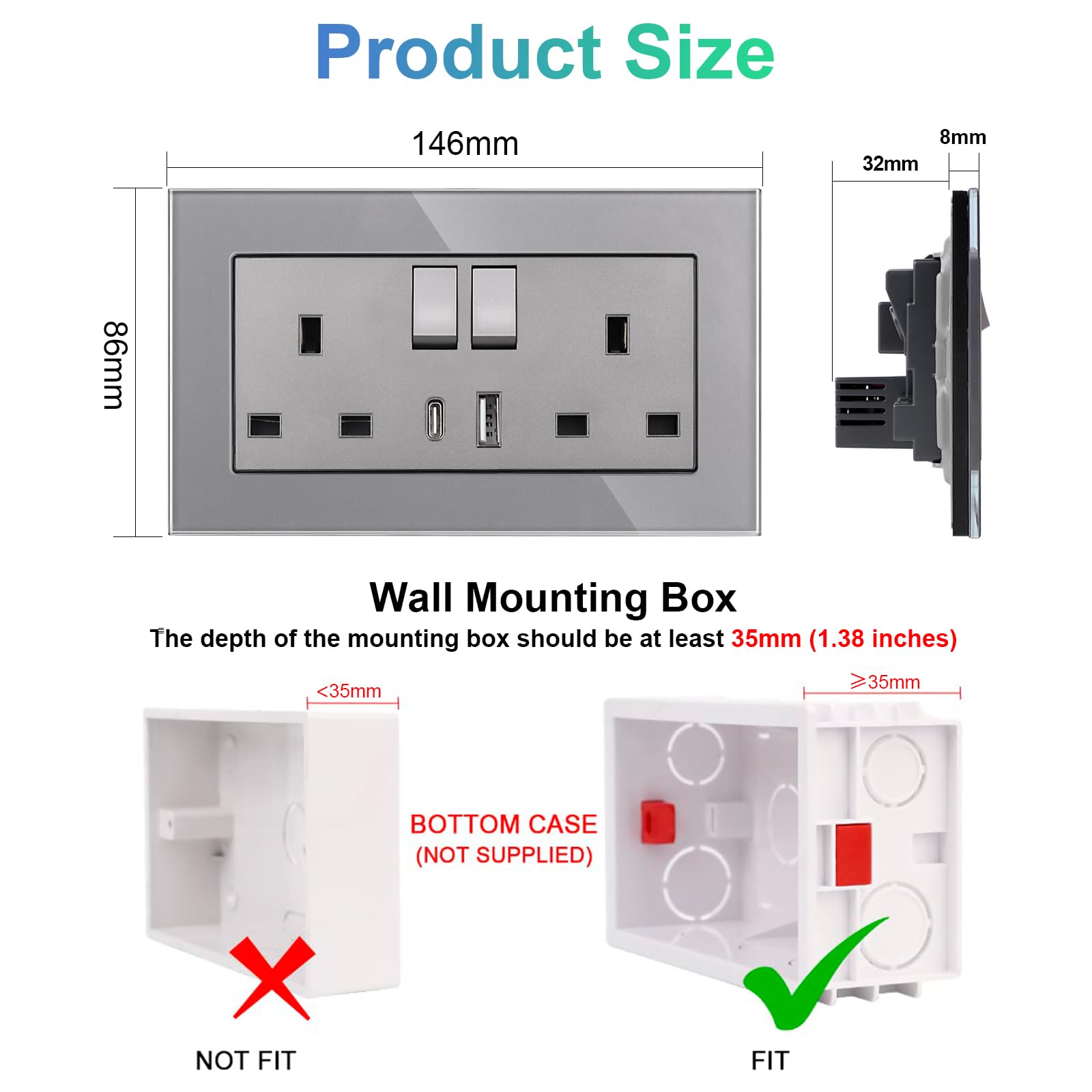 CNBINGO Lot de 5 prises doubles avec USB, double prise avec panneau en verre, prise murale grise