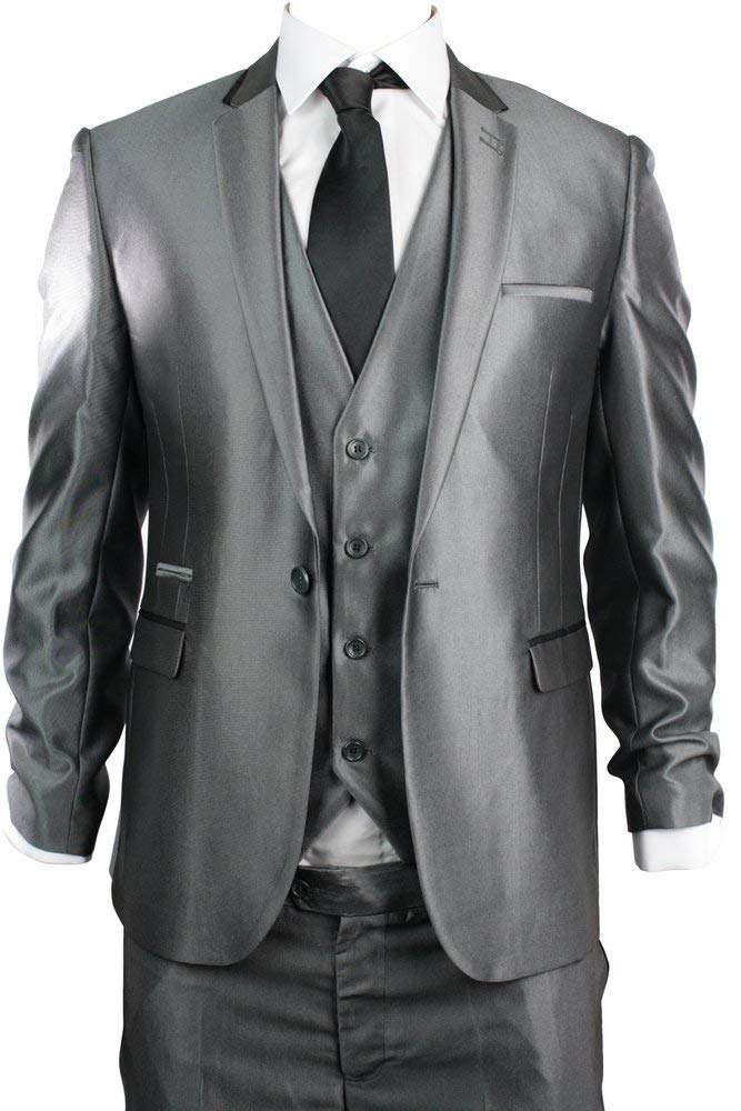 HOTK Uomo Abiti Formali da Lavoro Eleganti Slim Fit Grigio Lucido 3 Pezzi con Risvolto Sposo