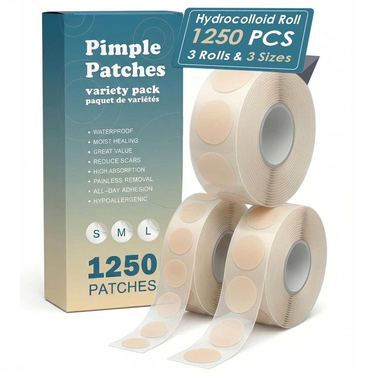Hbaid Hydrocolloid Pimple Patches 1250 Stück , 3 Größen (S/M/L) Pimple Plasters Hydrokolloid absorbieren Unreinheiten & ermöglichen schnelle Heilung - Akne-Pickelpflaster für alle Pickelgrößen
