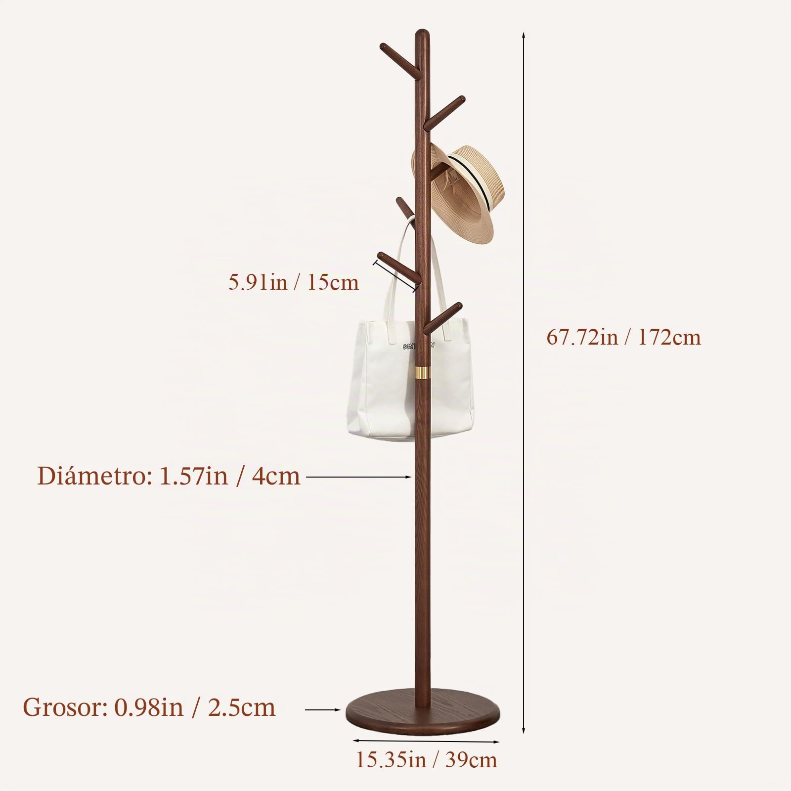 Perchero Nogal Forma Árbol 172Cm 6 Ganchos Base Estable