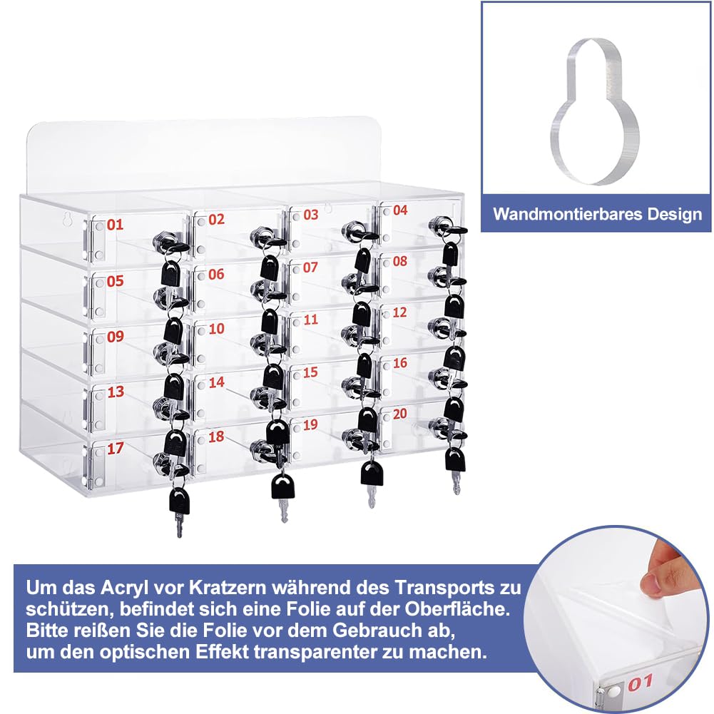 Acryl Handy-Aufbewahrungsbox mit Türschlössern und Schlüsseln, 20 Fächer, Wandmontage & Schreibtisch