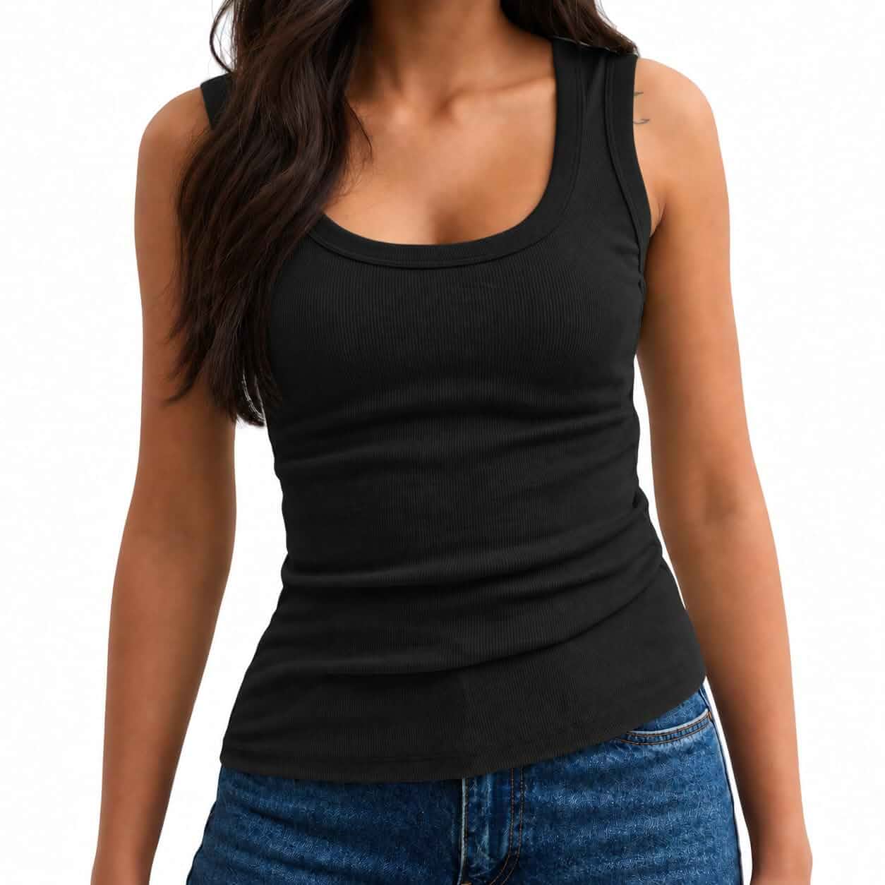 Womens Tank Tops Scoop Neck Ribbed Slim Fit Basic Sleeveless Tops Black Women's Scoop Neck Ribbed Tank Top, Sleeveless Slim Fit Stretchy Basic Top for Summer, Casual Wear and Layering