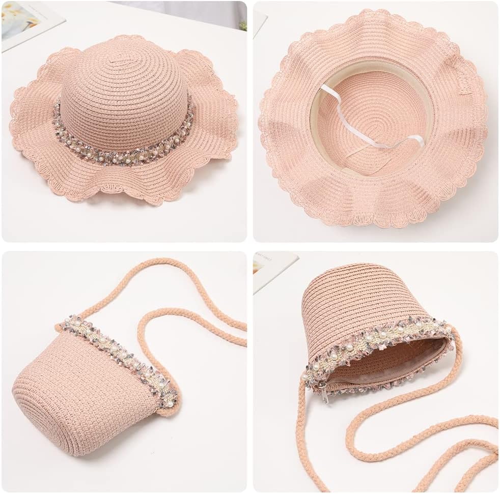Summer Straw Hat Bag Set, Cute Wide Brim Floppy Beach Sun Hats with Straw Woven Shoulder Bag Outdoor Outfit Set for Girls - Image 3