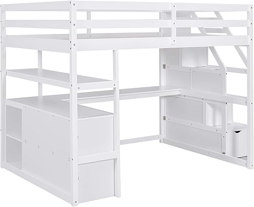 Miniatura 8 de Quarte Cama alta multifuncional cama alta de tamaño matrimonial con escritorio integrado en forma de L y estantes de almacenamiento de tres niveles