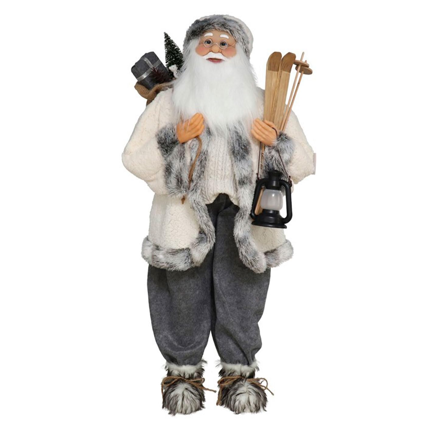 Tradineur Figurine Père Noël avec Skis Polyester et Plastique Père Noël debout Décoration festive Ornements de Noël vitrines Maison (Gris-110cm)