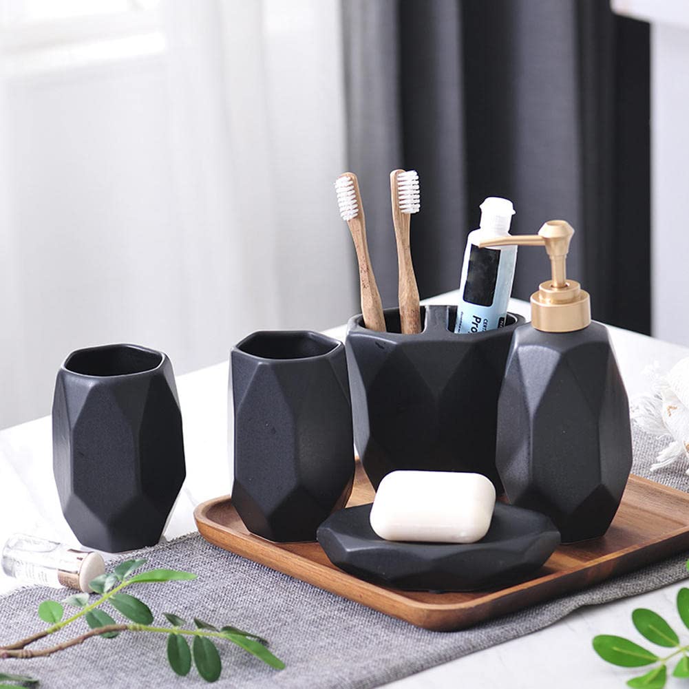 JINYISI Juego de accesorios de baño, juego de accesorios de baño de cerámica de 5 piezas, juego de soporte para cepillo de dientes, accesorios de baño (negro/blanco)