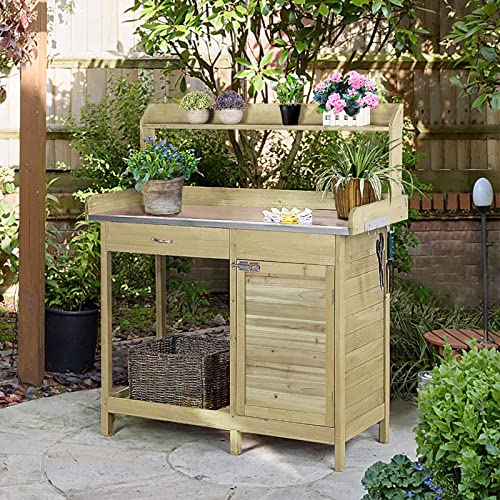 Image of Yaheetech Potting Bench Outdoor Potting Table with Storage,Light Green | Outdoor potting bench with spacious metal tabletop keeps soil and water contained while providing a durable work surface for