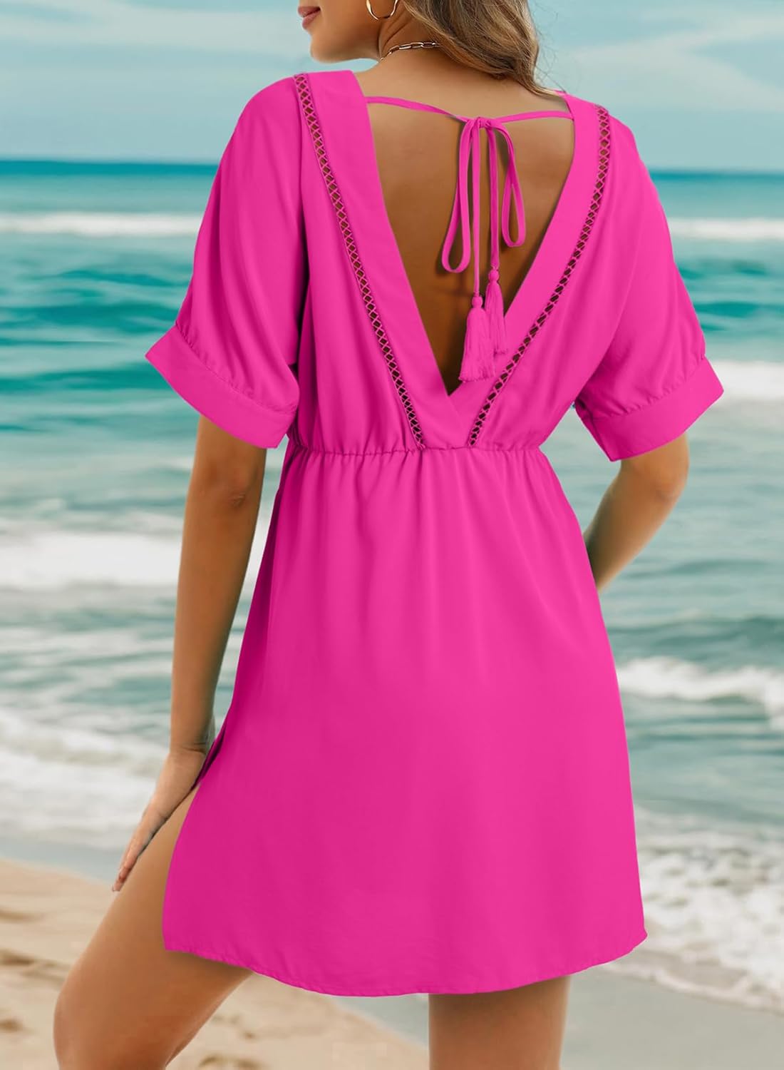 Dokotoo Swimsuit Coverup for Women Hollow Out V Neck Short Sleeve Bathing Suit Bikini Beach Cover Ups Dress Vacation Outfits - Image 2