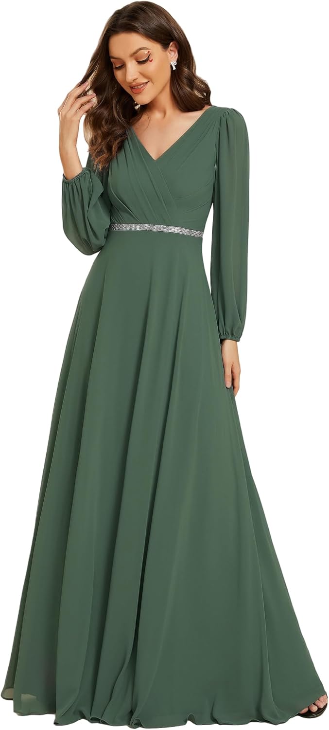 Ever-Pretty Women's Formal Dresses Long Sleeve V Neck Empire Waist A Line Beading Floor Length Wedding Guest Dress 01981