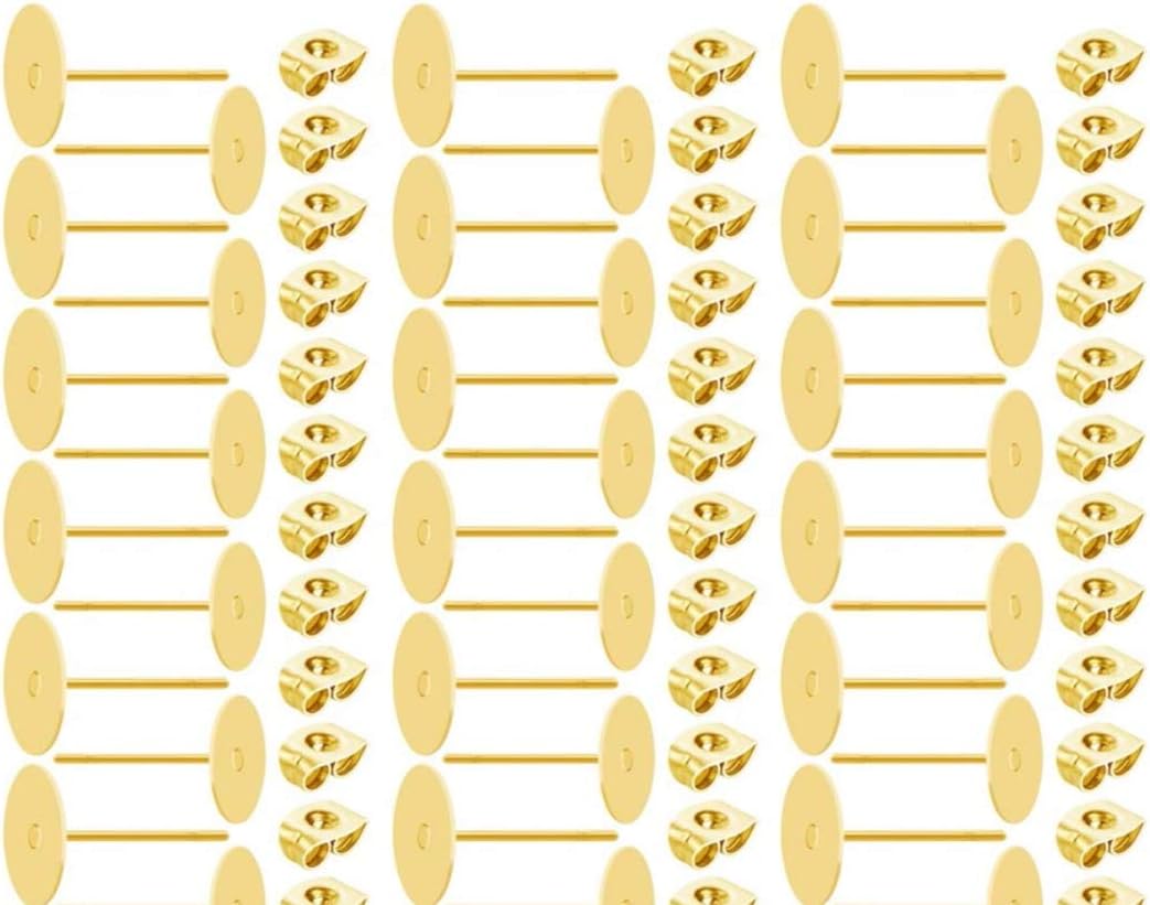 Adabele 100pcs Hypoallergenic Earring Posts 14k Gold Plated Brass Stud Earrings 3mm Small Flat Board Glue On Setting with Earnut Back CF222-3