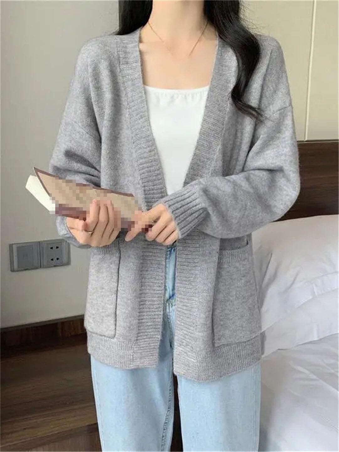 Vogrtcc Top A Maniche Lunghe in Cardigan Lavorato A Maglia con Scollo A V Ampio sul Davanti Aperto da Donna