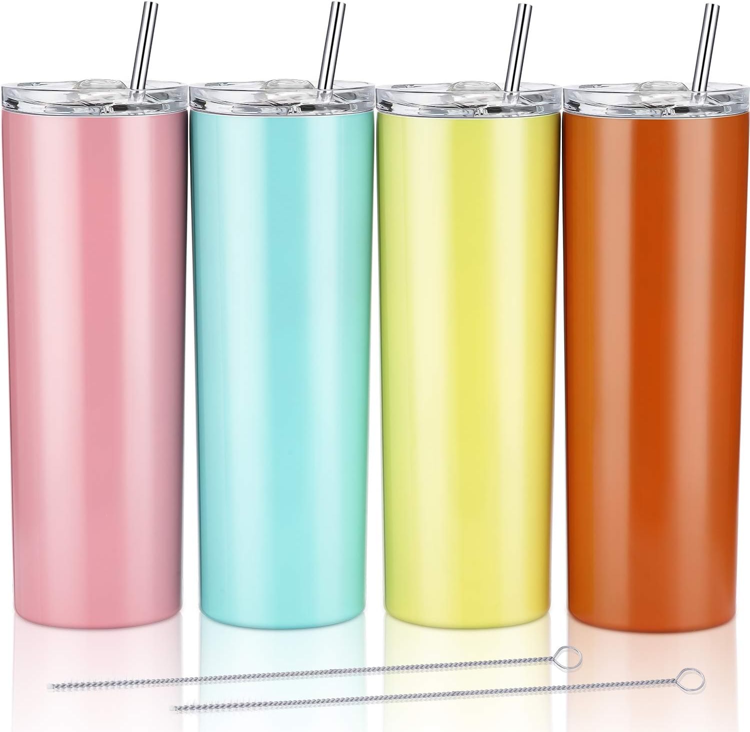 4 Pack Classic Tumbler Stainless Steel Double-Insulated Water Tumbler Cup with Lid and Straw Vacuum Travel Mug Gift with Cleaning Brush(Light Pink, Yellow, Orange, Aqua Blue, 20 oz)