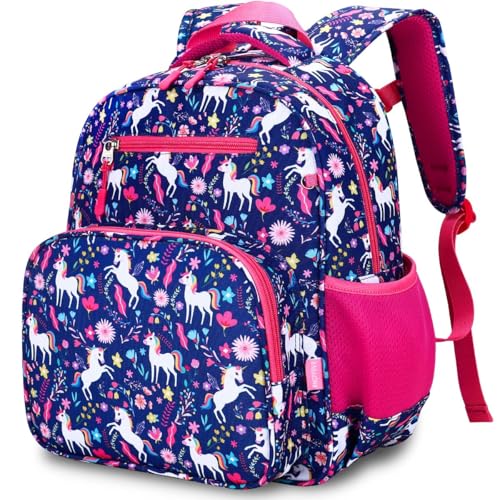 RHCPFOVR Mochila para meninas para escola primária, mochila para meninas de 5 a 8 anos, mochilas leves para crianças, Unicórnio azul escuro, 15' x 11.5' x 5', Unicórnio azul escuro