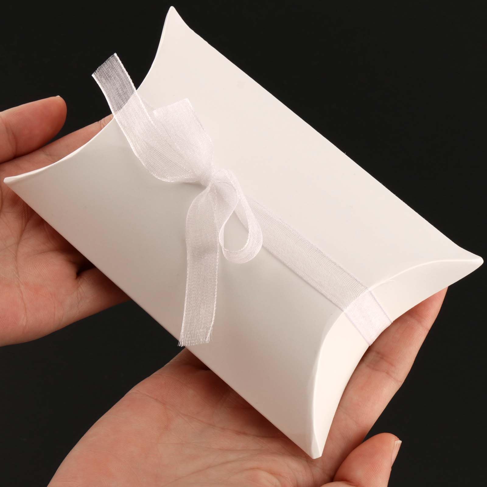 SEUNMUK 150 Pack Pillow Boxes 5.1x3.5 Inches - Kraft Paper Gift Favor Boxes With Ribbon, White