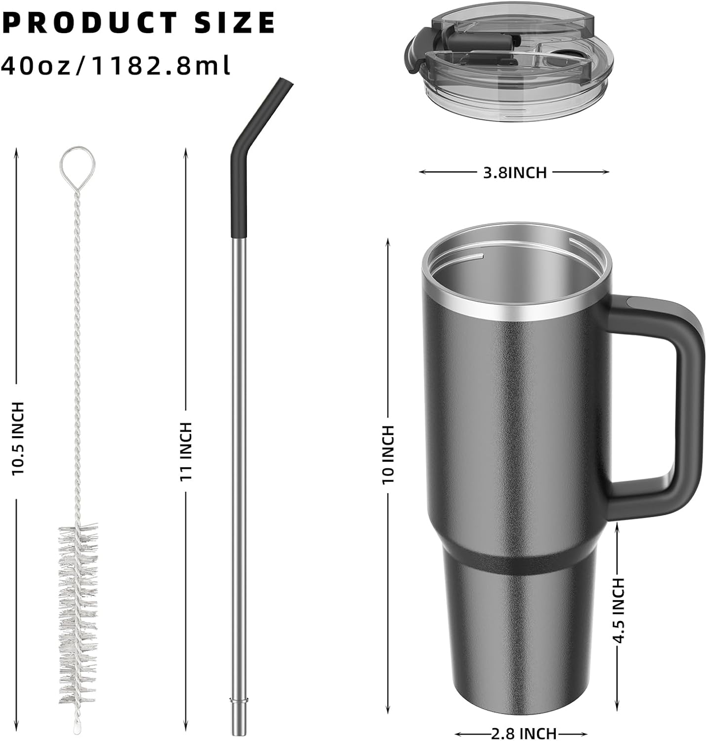 40 oz tumbler with handle and straw,Double Wall Vacuum Reusable Stainless Steel Insulated Water Bottle,With Leak Proof lid and Straw for Iced or Cold Beverages (Black) - Image 2