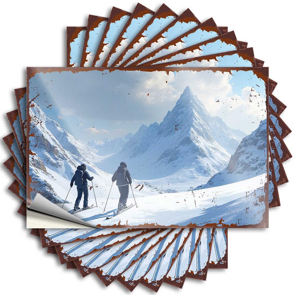 Fzfn Men's Colour Tattoo Unique Stitch Room Decor Waterproof - Two Skiers Admiring The Majestic Snow-Capped Mountains Hard Self Adhesive Decal For Paw Use(8X12cm)