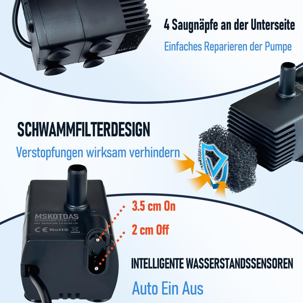Automatische kleine Tauchpumpe mit Wassersensor, 2,5m 280L/h Mini-Kondensatpumpe, Wasserablauf für Entfeuchter, Klimaanlage, Eismaschine, Keller, Bautrockner, automatisches Ein Aus