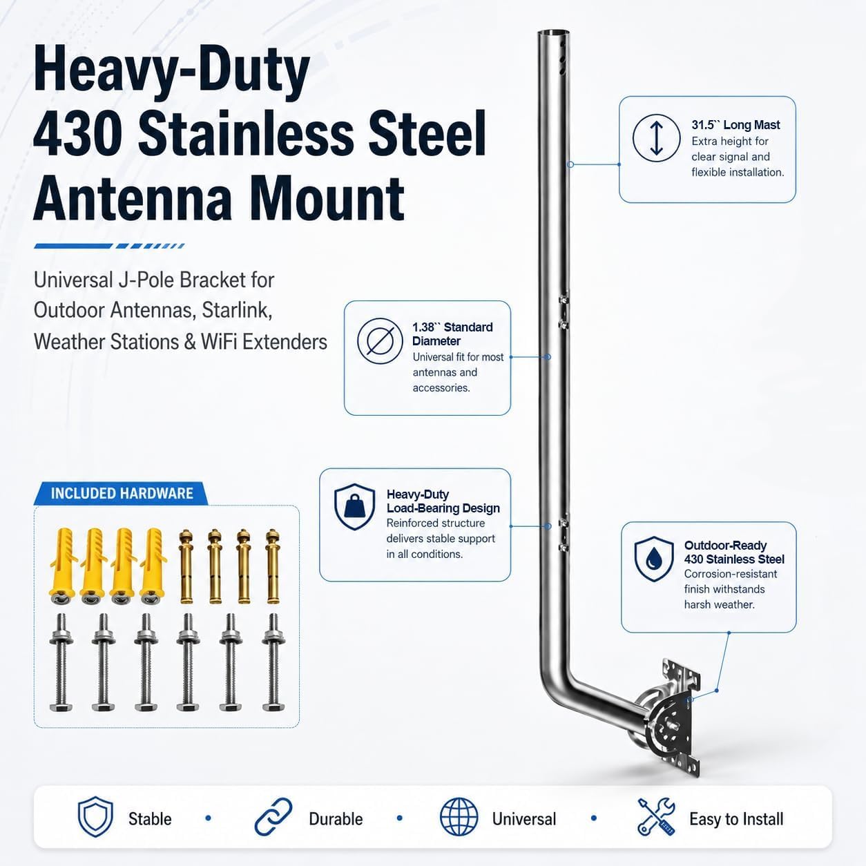 Palo antenna universale per TV, satellite, radio, antenne WiFi, Star-link (Scheggia-101cm)