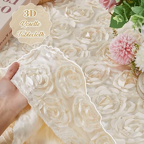 Miniatura 2 de QueenDream Mantel redondo floral de 60 pulgadas con roseta marfil para decoración de mesa de amor, fiesta de cumpleaños, mesa de pastel